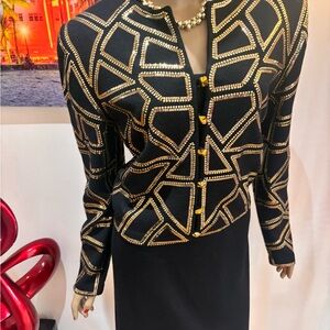 St. John Black Jacket with Gold Embellishment paillettes crystals skirt 10 M